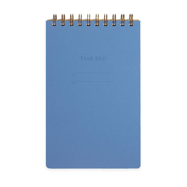 Blue spiral-bound notebook on a white background
