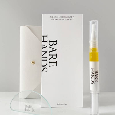 Bare Hands nail care product with packaging on a gray background