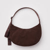 A dark coffee brown nylon crescent crossbody bag against a white background.