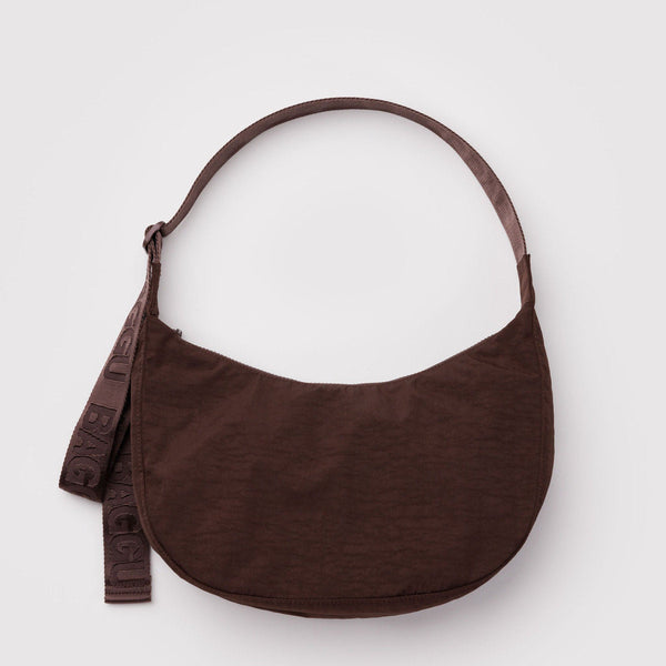 A dark coffee brown nylon crescent crossbody bag against a white background.