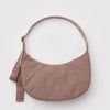 A taupe nylon half moon crossbody bag against a white background.