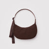 A small dark coffee brown nylon crescent crossbody bag against a white background.