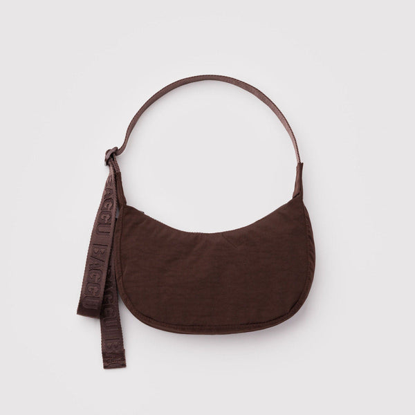 A small dark coffee brown nylon crescent crossbody bag against a white background.