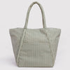 A sage green and white striped nylon carry-all shoulder bag against a white background.