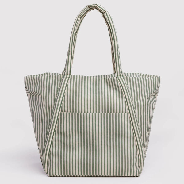 A sage green and white striped nylon carry-all shoulder bag against a white background.