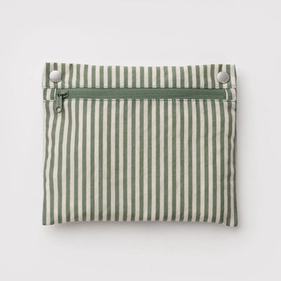A sage green and white striped zipper pouch to fold away and store the Cloud Bag.