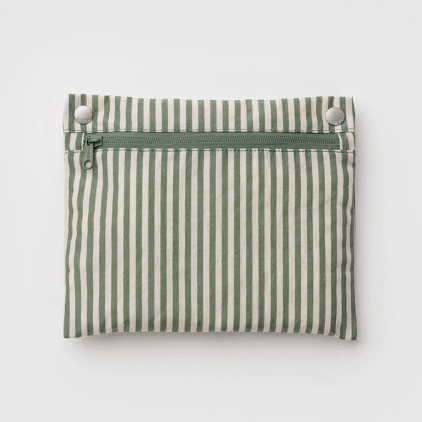 A sage green and white striped zipper pouch to fold away and store the Cloud Bag.