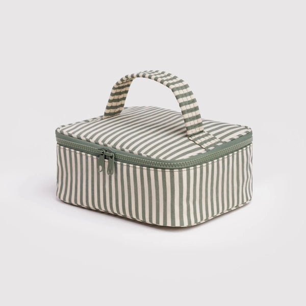 A small nylon sage green and white striped rectangular cosmetic case against a white background.