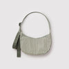 A green and white striped crescent-shaped nylon handbag on a light grey background.