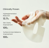 A hand wearing a translucent white silicone mask against a clean off-white background, with text on the left reading 'Clinically Proven' and benefit claims including hyperpigmentation reduction, skin clarity improvement, and surface & inner melasma improvement.