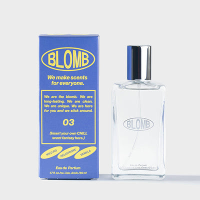 Blomb 03 perfume bottle and packaging on a white background