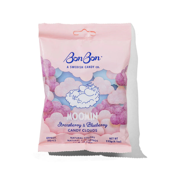 Pink package of BonBon candy clouds with Moomin cartoon character on a white background