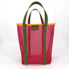 Red mesh tote bag with green handles and a visible brand label on a white background