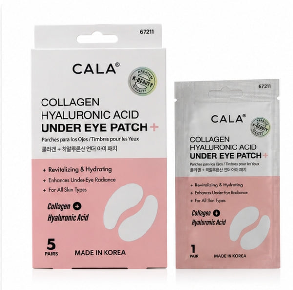 CALA Collagen Hyaluronic Acid Under Eye Patch packaging, showing a 5-pack box and a 1-pack pouch on a clean white background.