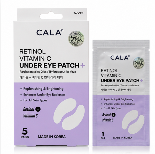 CALA Retinol Vitamin C Under Eye Patch + shown with its retail box and an individual single-use patch packet on a plain white background.