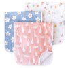 Three baby burp cloths with floral, goose, and botanical patterns on a white background.