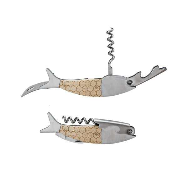 Oak Wood & Stainless Steel Fish Bottle Opener/Corkscrew