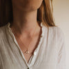 Person wearing a white blouse with a necklace featuring a bronze swallow pendant.