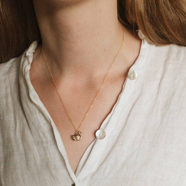 Necklace with a swan pendant on a person wearing a white shirt