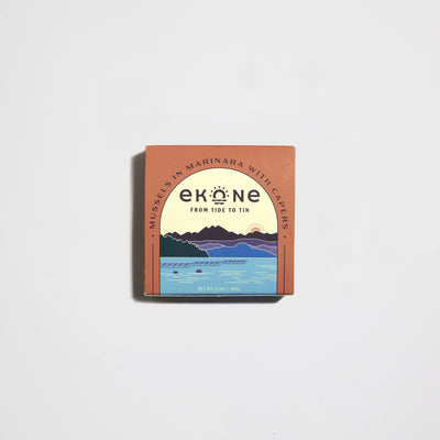 Ekone canned mussels food packaging with scenic design on a white background