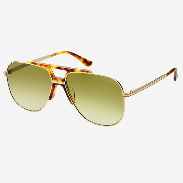 Aviator sunglasses with tortoiseshell frame and green lenses on a white background