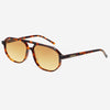 Sunglasses with tortoiseshell frame and amber lenses on a white background