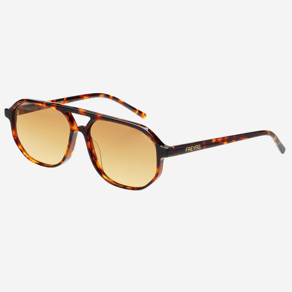 Sunglasses with tortoiseshell frame and amber lenses on a white background