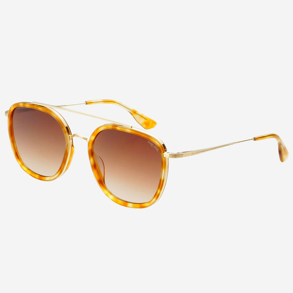 Sunglasses with tortoiseshell frame and brown gradient lenses on a white background