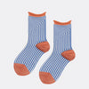 Angular blue and white striped socks with orange toes, heels, and trim on a white background.