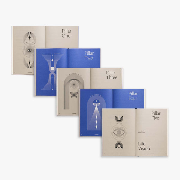 Interior pages titled 'Pillar One' to 'Pillar Five' on a white background
