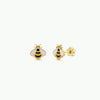 Gold bee-shaped kid's earrings on a white background