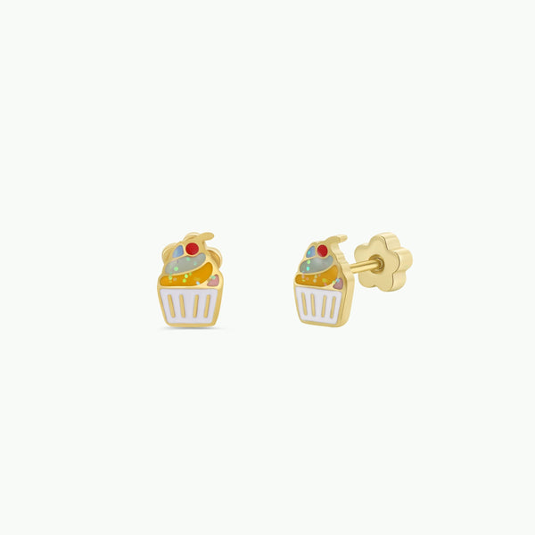 Gold cupcake-shaped kid's earrings on a white background