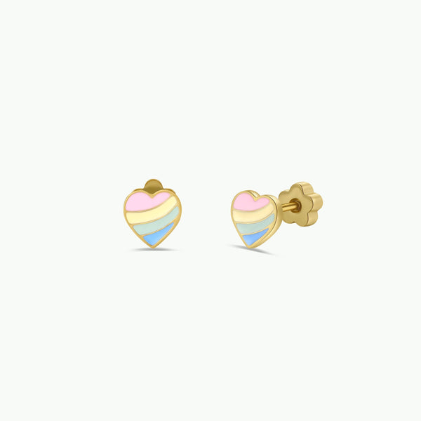 Heart-shaped kid's earrings with gold posts on a white background