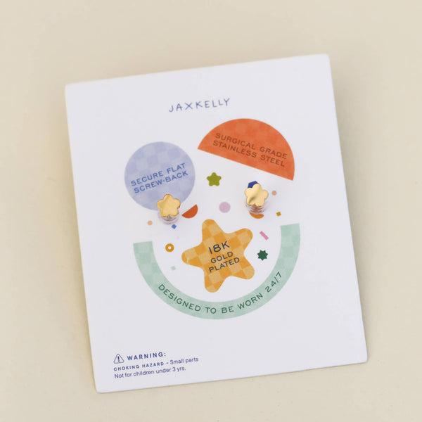 Jaxkelly children's earrings packaging on a beige background