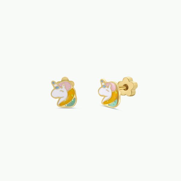 Unicorn-shaped kid's earrings on a white background