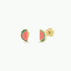 Gold watermelon slice kids earrings on a white background