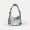 Blue and white checkered handbag with frill edge details on a white background