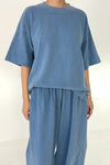 Person wearing a blue outfit on a white background