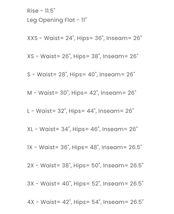 Measurement chart for clothing sizes with waist, hips, and inseam dimensions.