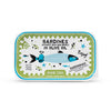 Can of sardines without skin and bones in olive oil with a green and white label on a white background.