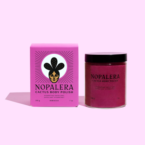 Nopalera cactus body polish packaging on a pink background