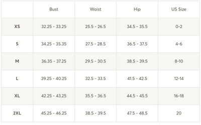 Size chart for dresses with measurements in inches and US sizes.