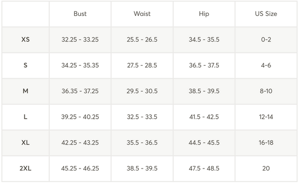 Size chart for clothing with measurements in inches and US sizes.