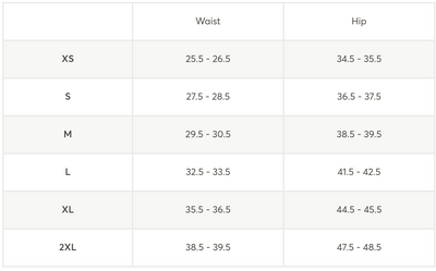Measurement chart listing shorts sizing in inches.