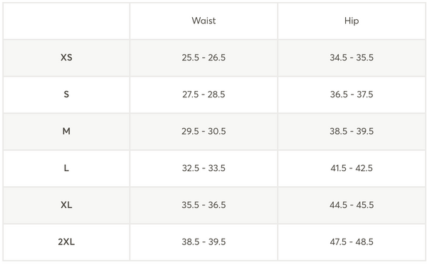 Size chart for waist and hip measurements in inches