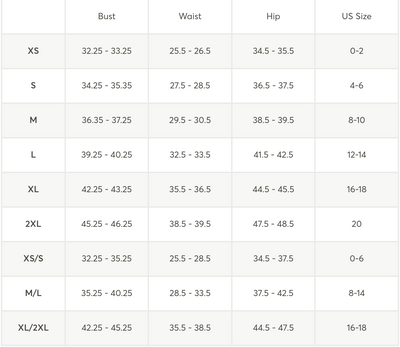 Size chart for clothing with bust, waist, and hip measurements and corresponding US sizes.