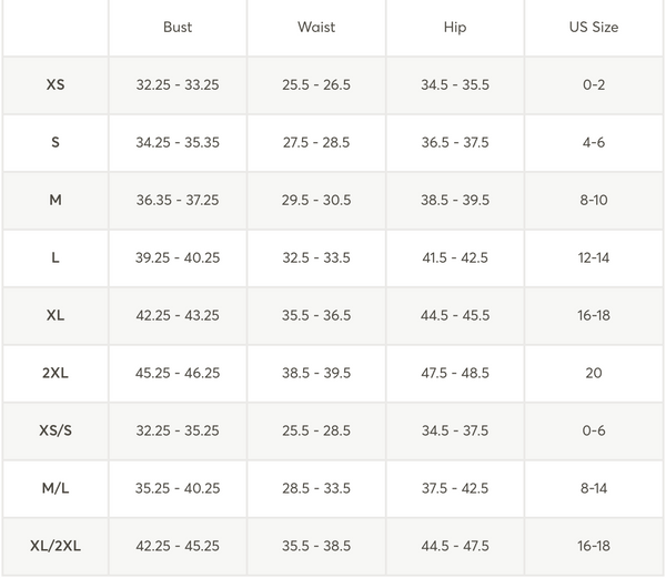 Size chart for clothing with bust, waist, and hip measurements and corresponding US sizes.