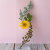 Pressed floral bookmark in a stand against a pink wall.
