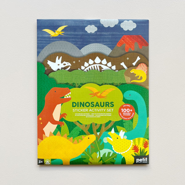 Dinosaurs sticker activity set packaging with colorful illustrations on a white background