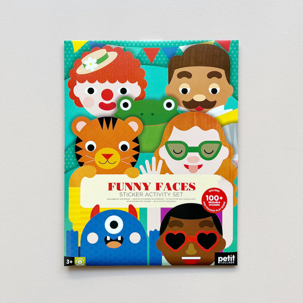 Funny Faces sticker activity set on grey background.